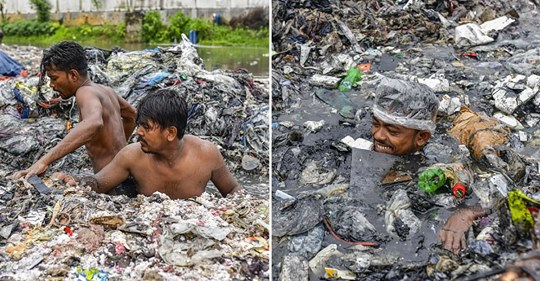 Homens ficam com lixo até ao pescoço a limpar as margens dos rios no Bangladesh