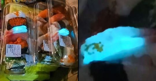 Família chocada depois de constatarem que o sushi que compraram brilhava no escuro