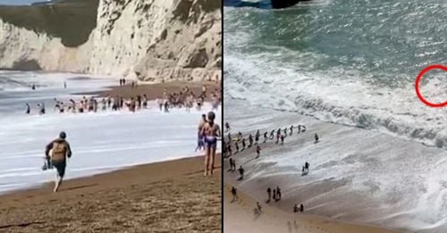 Pessoas fazem um cordão humano para salvar homem que se estava a afogar na praia