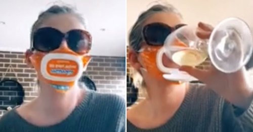 Esta mulher bebe vinho através de uma máscara que fez com uma embalagem de toalhitas