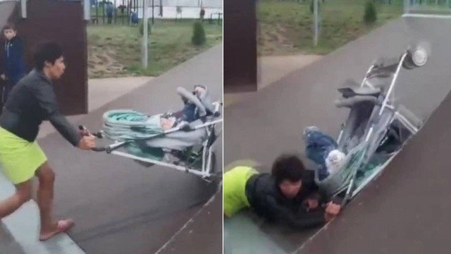 Mãe BÊBEDA cai com o bebé num carrinho ao brincar numa pista de skate