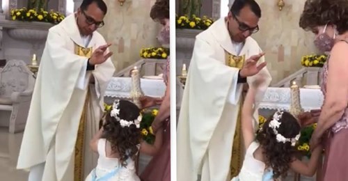 Criança dá "MAIS CINCO" ao padre enquanto ele a abençoa