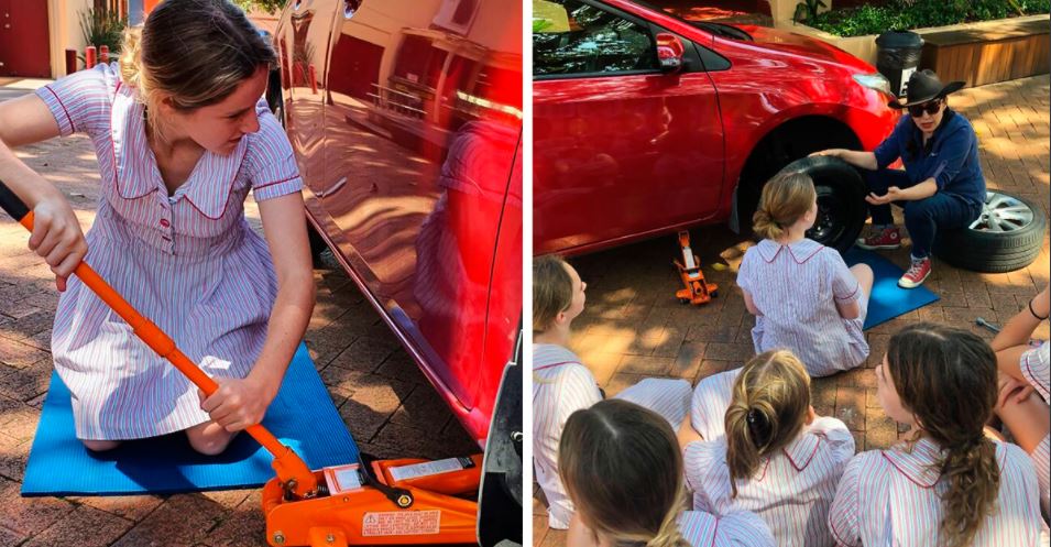 Escola para meninas ensina as suas alunas a mudar um pneu