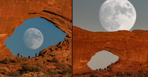 Lua cheia incrível transforma arco de pedra num olho gigante