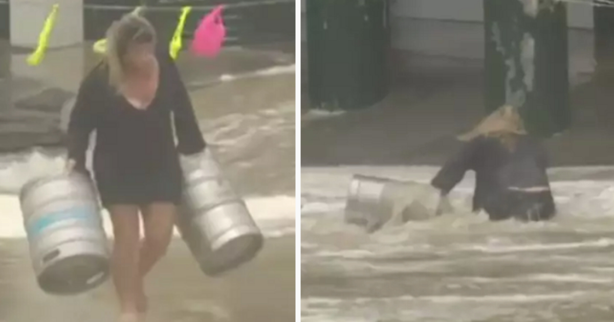 Mulher arrisca a vida para salvar barris de cerveja durante uma tempestade