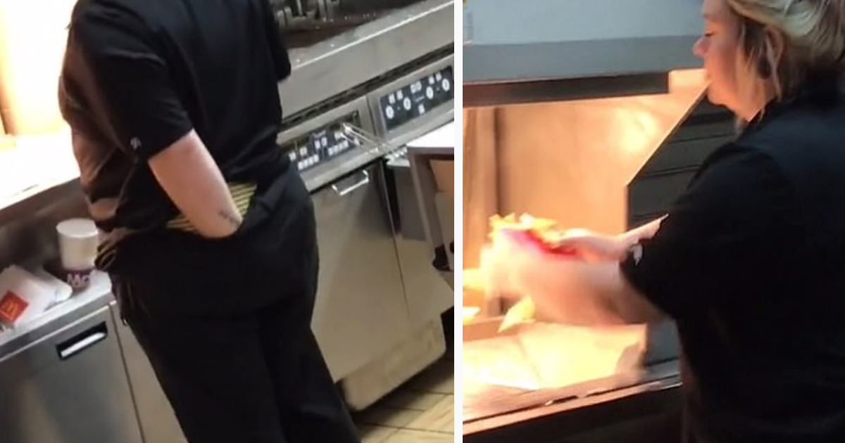 Trabalhadora do McDonalds enfia a mão dentro das calças imediatamente antes de a usar para servir batatas