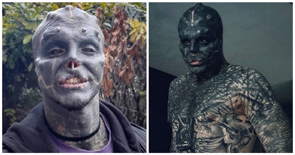 Homem extremamente tatuado remove o seu nariz e lábio superior para parecer um "alien negro"
