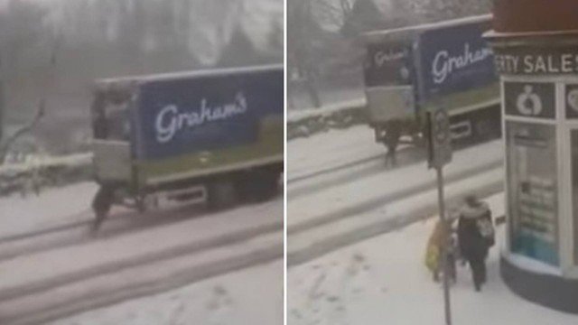 Mulher ganha 1 ano de leite grátis depois de ter empurrado um camião atolado em neve