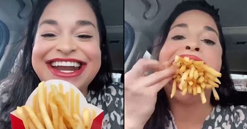 Mulher com a "boca maior do mundo" tenta enfiar as batatas do McDonalds todas na boca