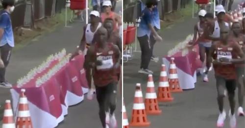 Atleta francês derruba as garrafas de água dos rivais durante uma corrida