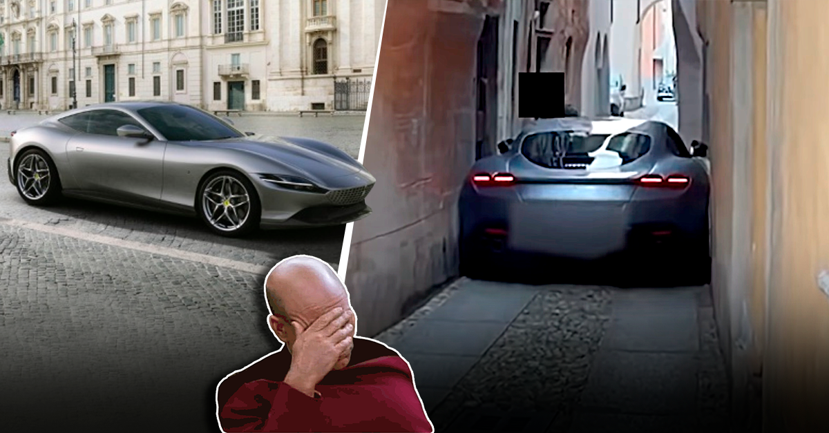 Artista consegue enfiar um luxuoso Ferrari Roma numa rua apertadíssima "por culpa do GPS"