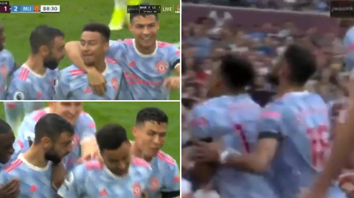 Cristiano Ronaldo e Bruno Fernandes forçaram fisicamente Jesse Lingard a celebrar o seu golo da vitória