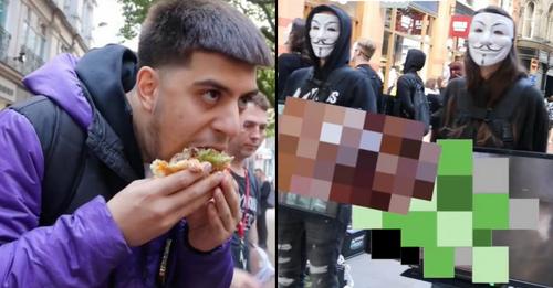 Homem come o "maior hambúrguer do mundo" à frente de um protesto vegan