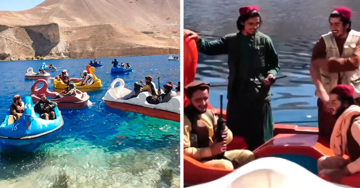 Talibãs armados passeiam de barco por um parque no Afeganistão e as imagens são surreais