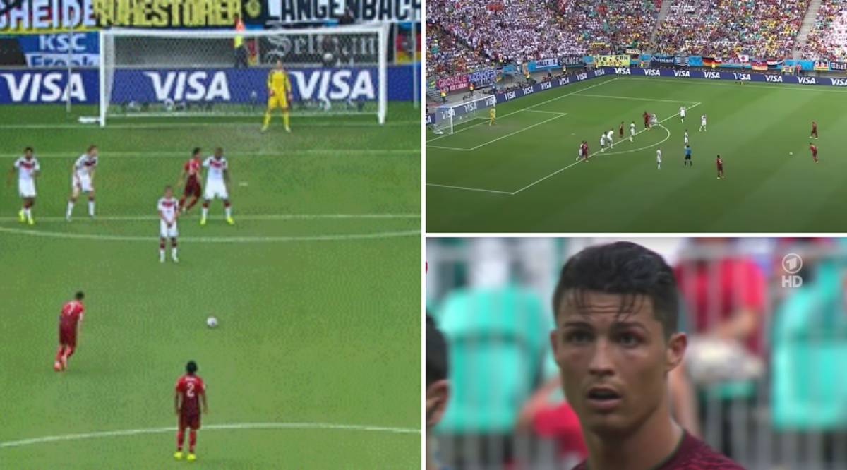 Cristiano Ronaldo conseguiu acertar na barreira, mesmo quando a Alemanha fez uma barreira de 1 homem com o jogador mais baixo em campo