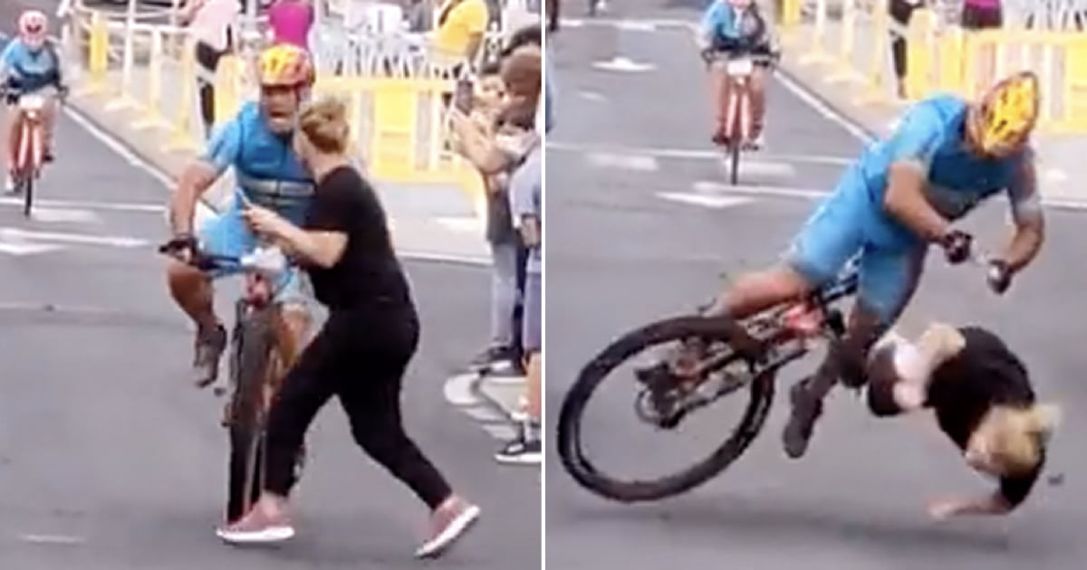 Espectadora abalroa líder em prova de ciclismo, provocando um acidente muito feio